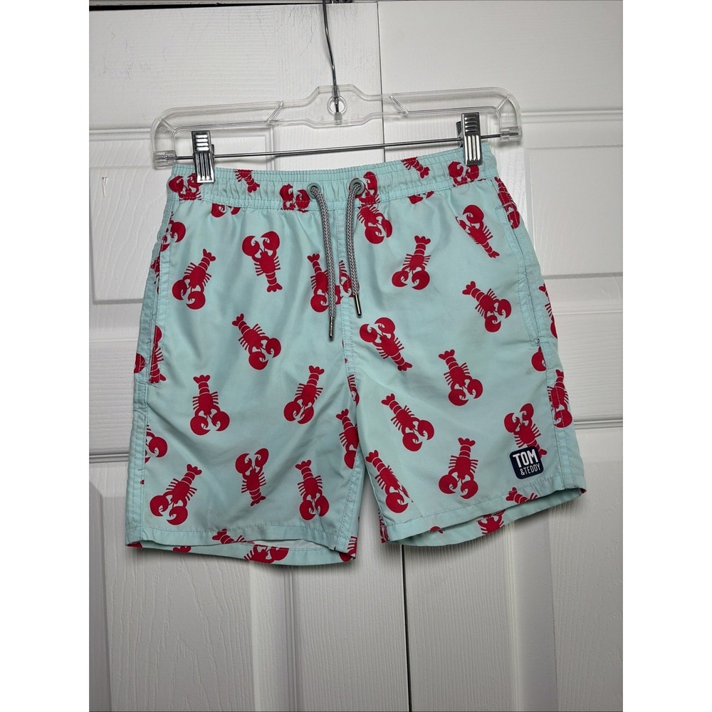 Tom & Teddy Lobster Print Swim Trunks Boys Size 7/8 Blue Red Beach Shorts Mesh